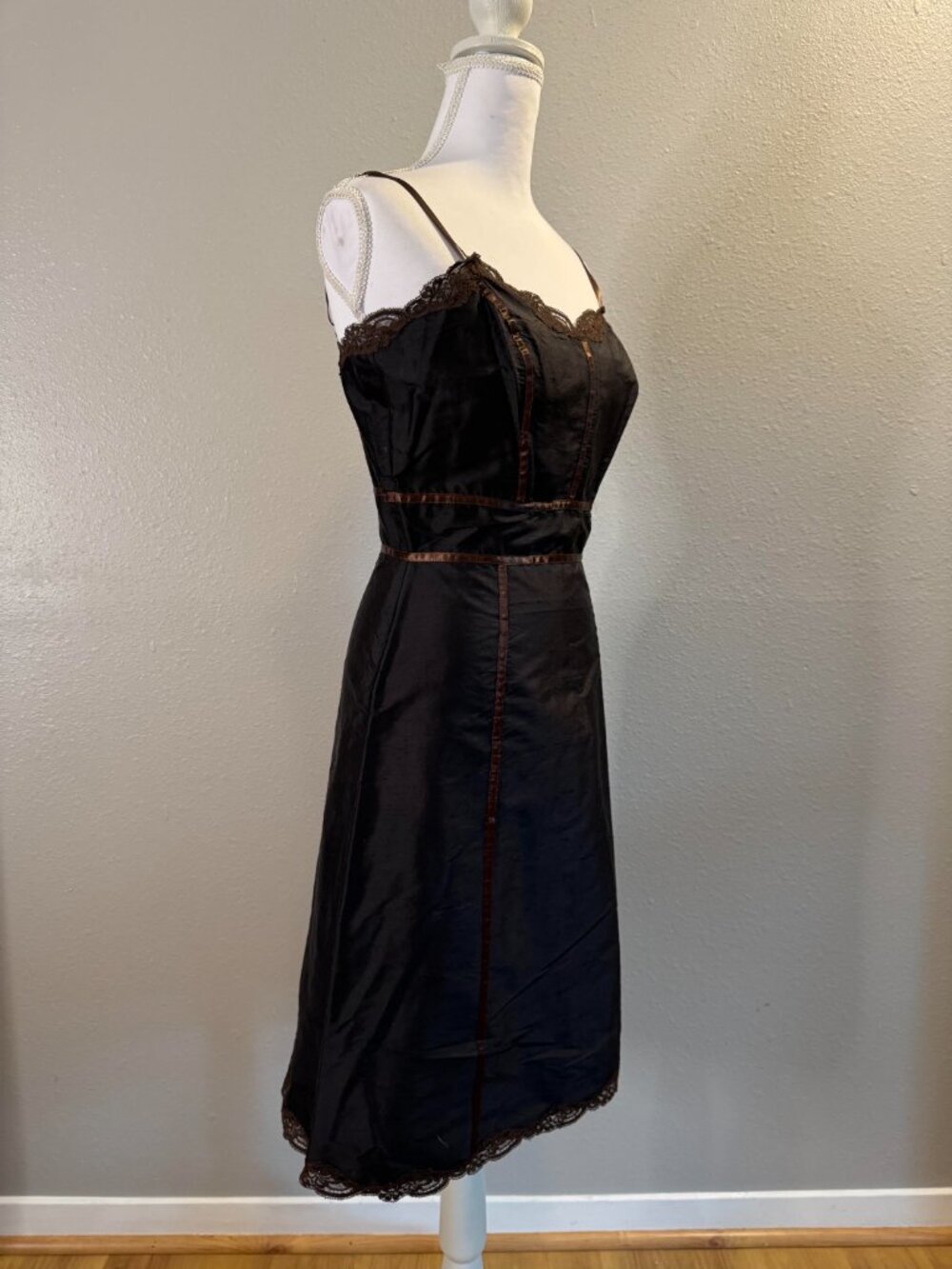 Vintage Betsey Johnson 1990s Brown Lace & Brown Trim Corset Slip Dress | Sz 6 - Picture 3 of 7